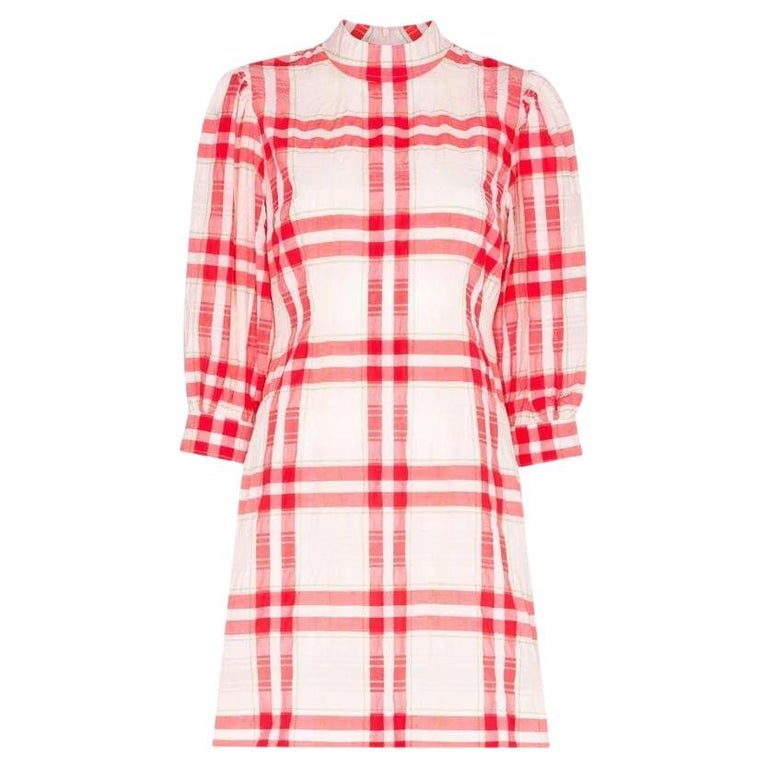ganni red gingham dress Ganni Red Sheer Tie String Wrap Dress