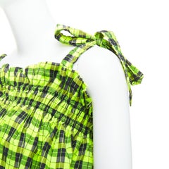 GANNI Checked Seersucker neon green ruffle tie shoulder crop top FR36 S