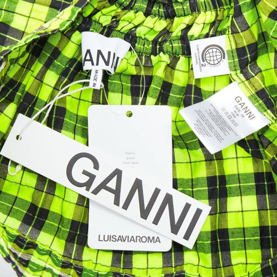 GANNI Kariertes Seersucker neongrünes Rüschen-Schulterausschnitt-Top mit Rüschenbesatz FR36 S im Angebot 3