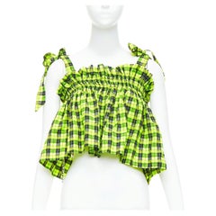 GANNI Checked Seersucker neon green ruffle tie shoulder crop top FR36 S