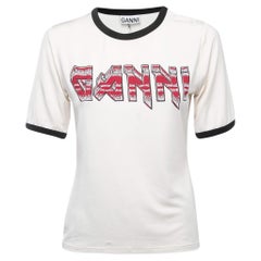 Ganni Cream Logo Print Knit Crew Neck Half Sleeve T-Shirt M