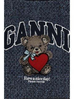 Ganni Embroidered Teddy Bear Denim Tote Bag — Navy