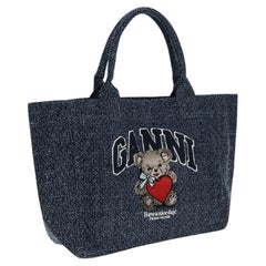 Ganni Embroidered Teddy Bear Denim Tote Bag — Navy