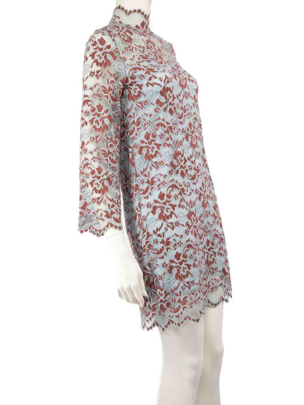 CONDITION is Very good. Hardly any visible wear to dress is evident on this used Ganni designer resale item.
 
 
 
 Details
 
 
 Multicolour- blue, brown
 
 Lace
 
 Dress
 
 Floral pattern
 
 See through long sleeves
 
 Mini
 
 Mock neck
 
 Back