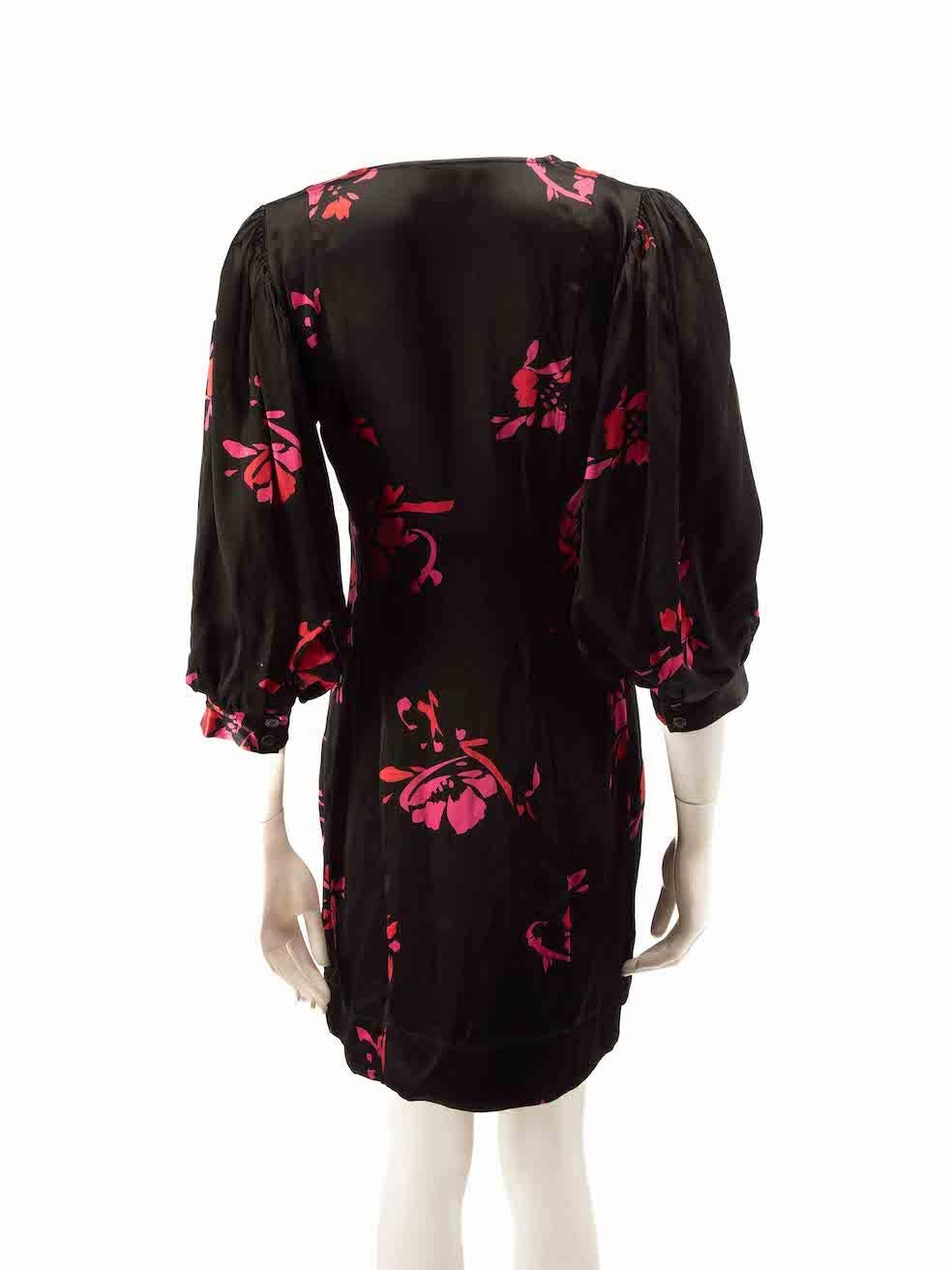 Black Ganni Floral Print V-Neck Mini Wrap Dress Size S
