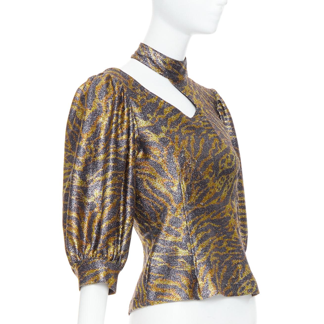 GANNI Gold Metallic Tiger Lurex Lame Puffärmel ausgeschnitten Top FR36 S (Grau) im Angebot