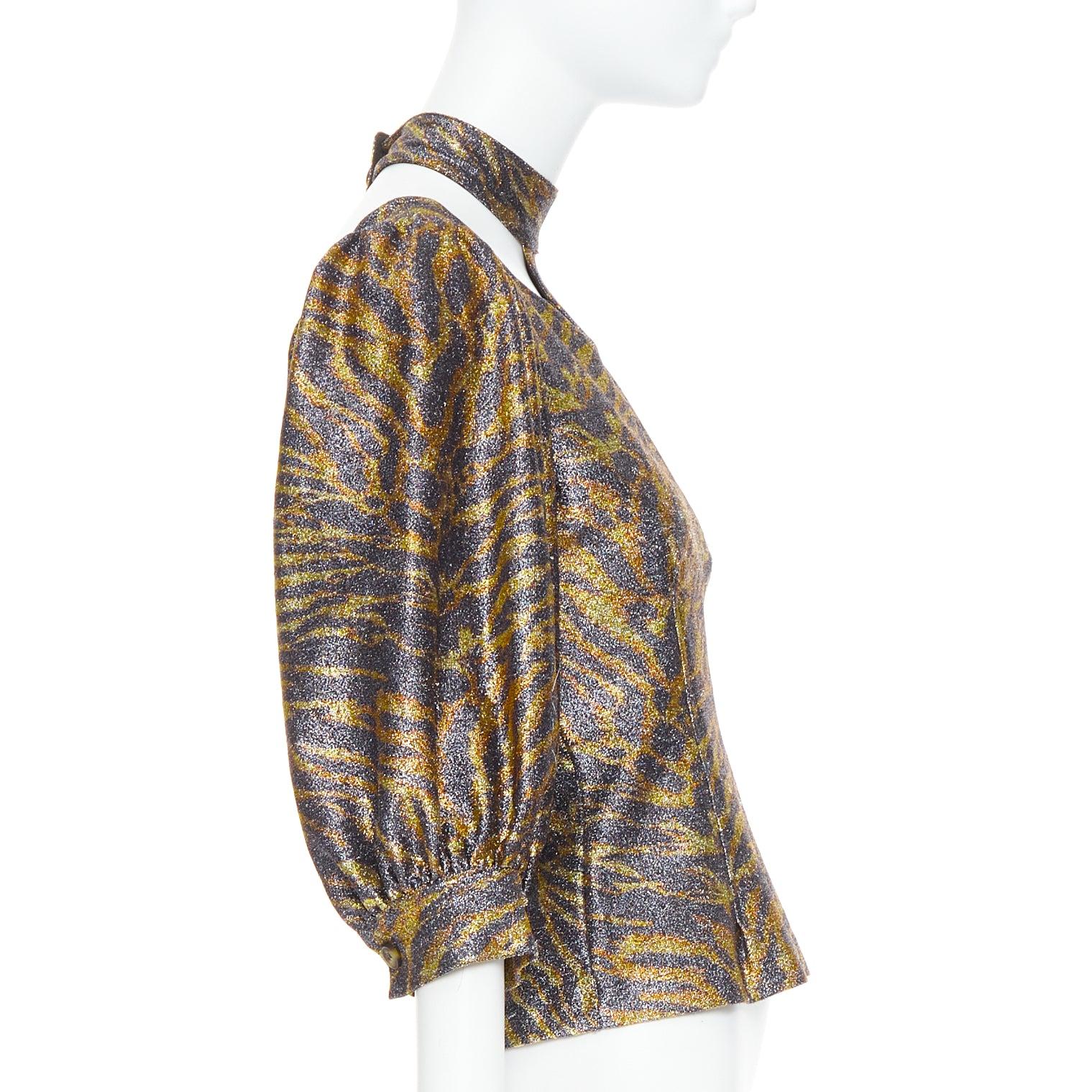 GANNI Gold Metallic Tiger Lurex Lame Puffärmel ausgeschnitten Top FR36 S im Zustand „Gut“ im Angebot in Hong Kong, NT