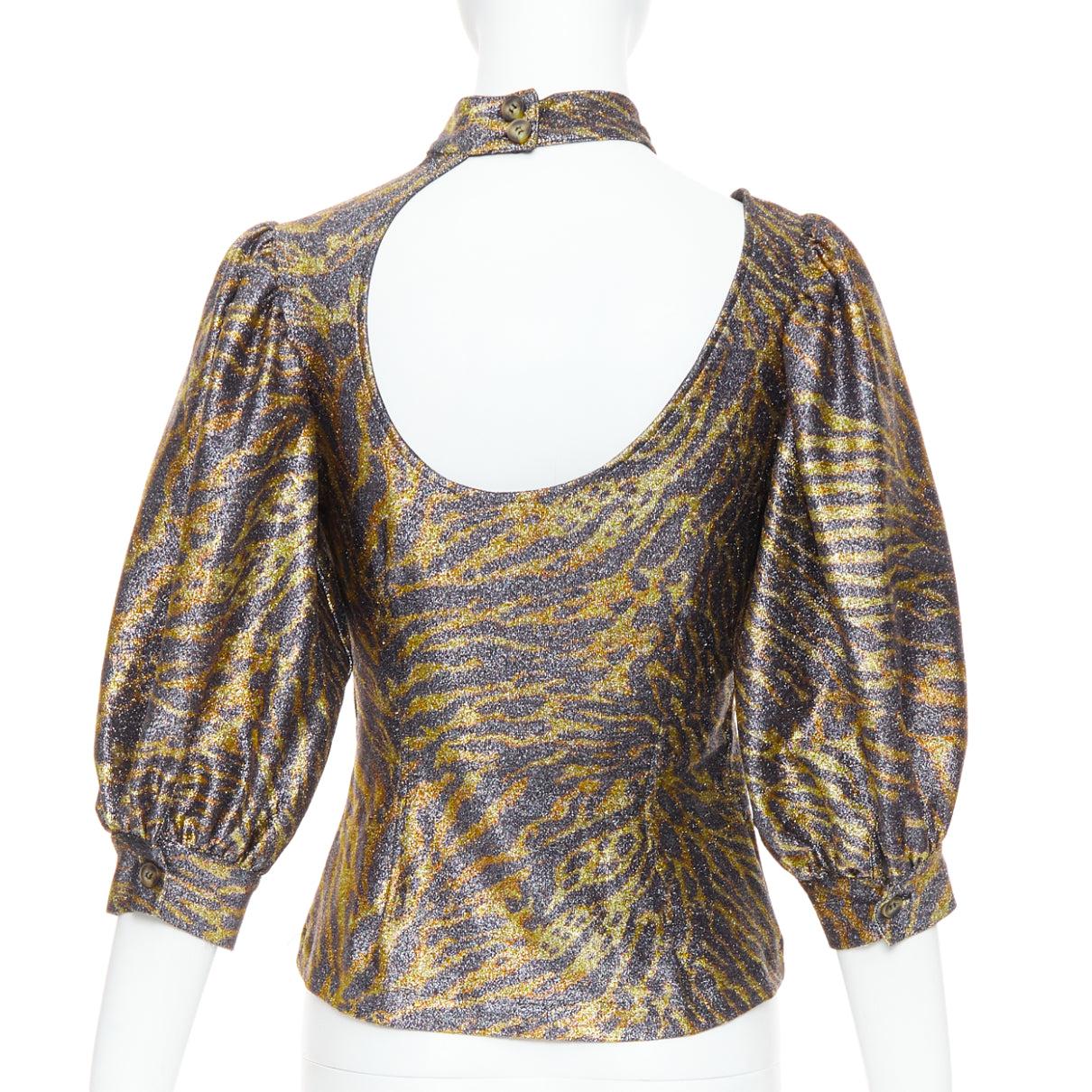GANNI Gold Metallic Tiger Lurex Lame Puffärmel ausgeschnitten Top FR36 S Damen im Angebot