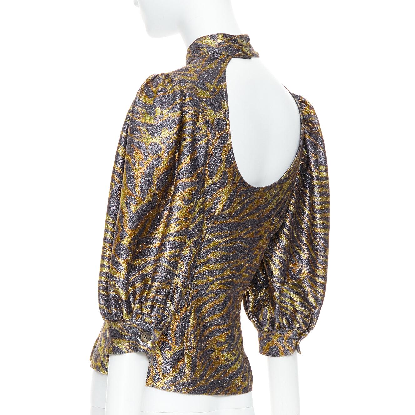 GANNI Gold Metallic Tiger Lurex Lame Puffärmel ausgeschnitten Top FR36 S im Angebot 1