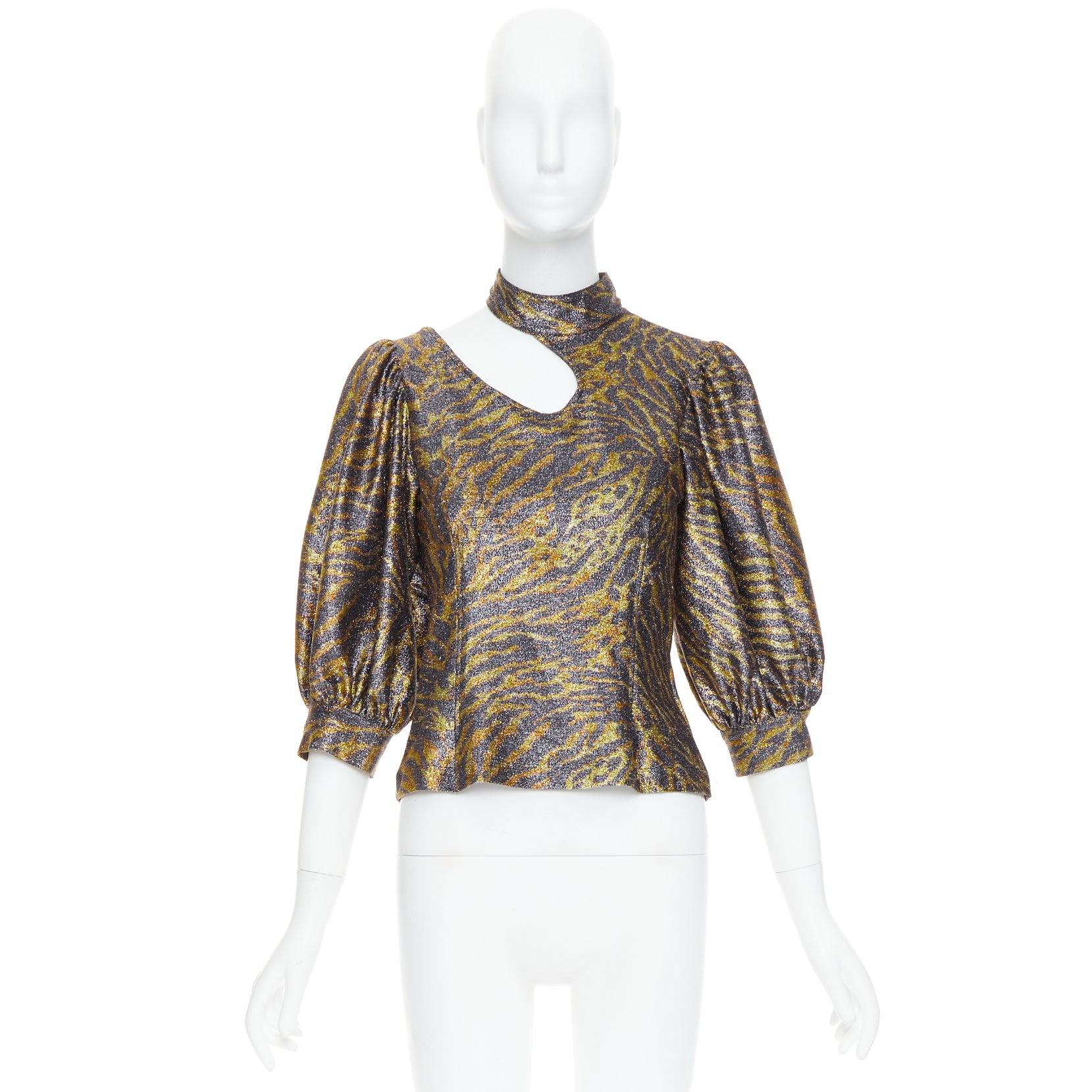 GANNI Gold Metallic Tiger Lurex Lame Puffärmel ausgeschnitten Top FR36 S im Angebot 4