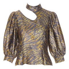 GANNI gold metallic tiger lurex lame puff sleeve cut out top FR36 S