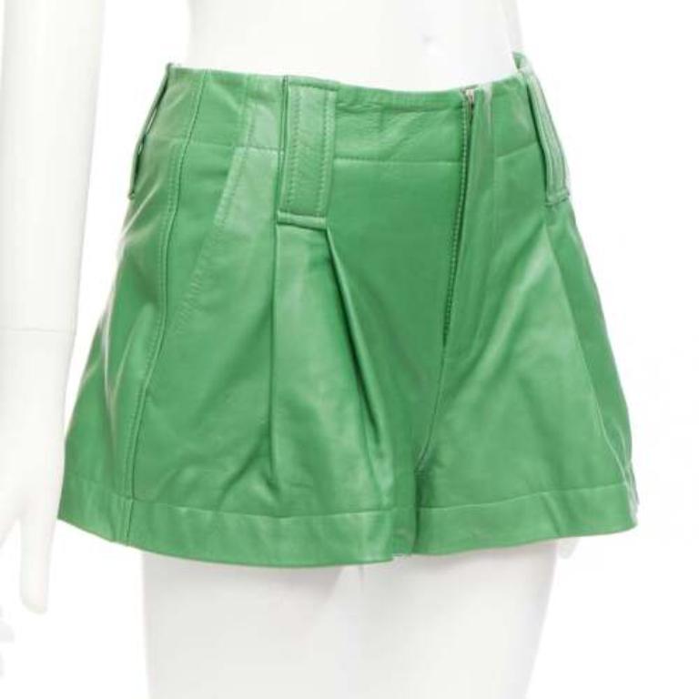 Green GANNI green lambskin leather high waist flared shorts FR32 XXS For Sale