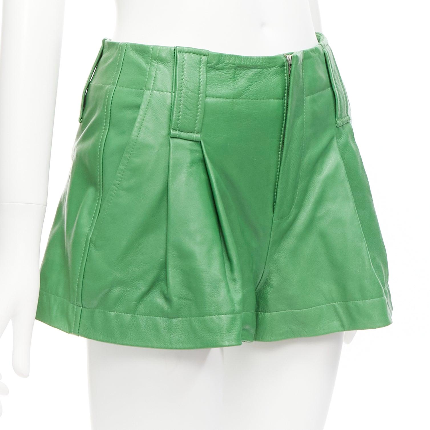 GANNI green lambskin leather high waist flared shorts FR32 XXS In Good Condition For Sale In Hong Kong, NT