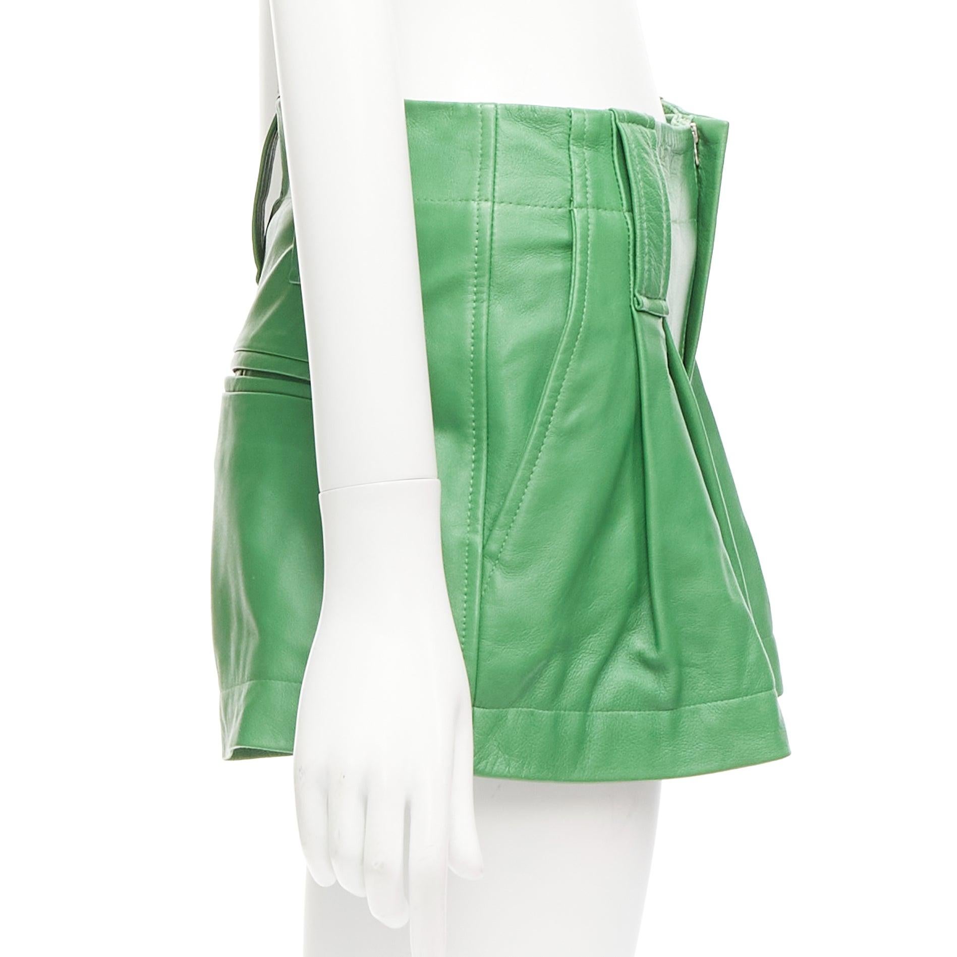 Women's GANNI green lambskin leather high waist flared shorts FR32 XXS For Sale