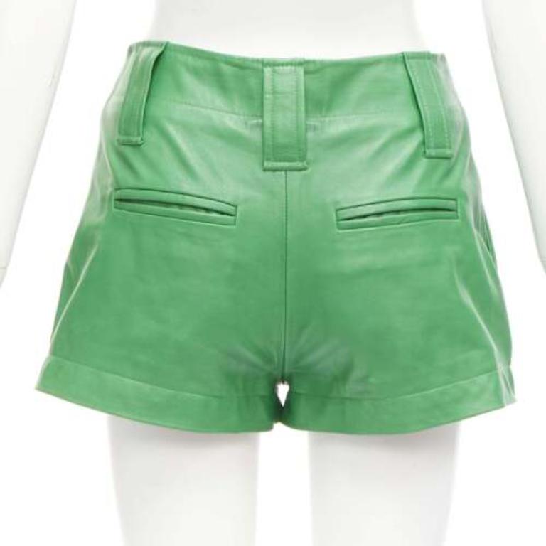 Women's GANNI green lambskin leather high waist flared shorts FR32 XXS For Sale