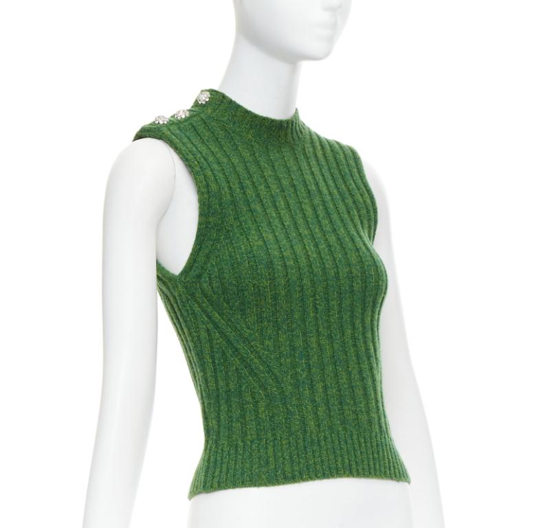 Black GANNI green recycled wool blend crystal button crew cropped vest XXS For Sale