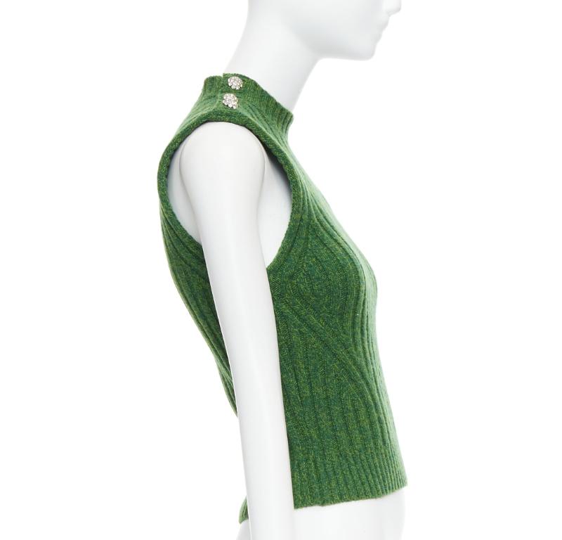 GANNI green recycled wool blend crystal button crew cropped vest XXS In Excellent Condition For Sale In Hong Kong, NT