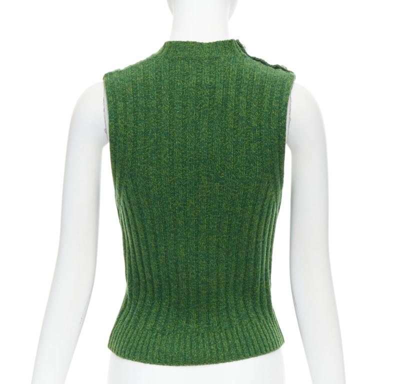 Women's GANNI green recycled wool blend crystal button crew cropped vest XXS For Sale