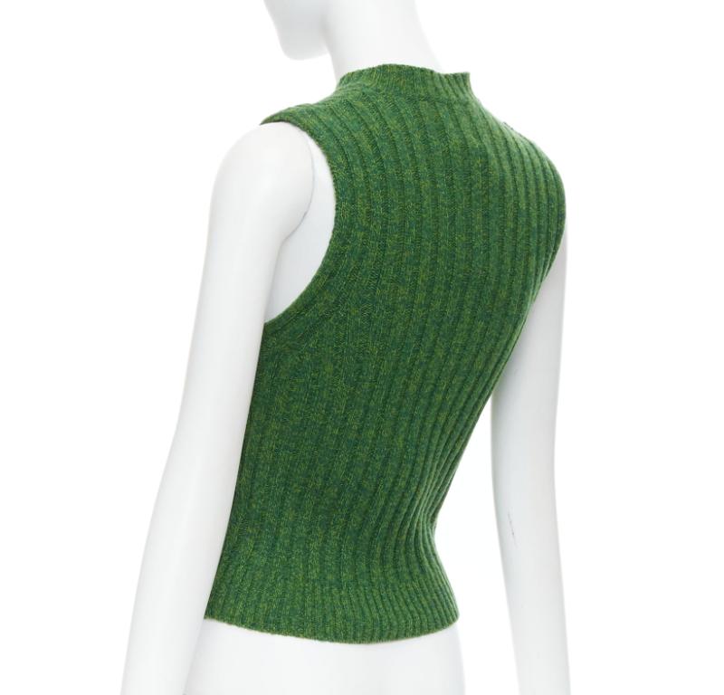 GANNI green recycled wool blend crystal button crew cropped vest XXS For Sale 1