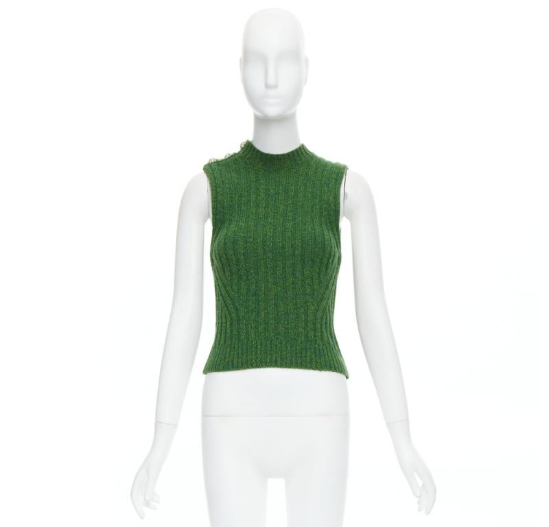 GANNI green recycled wool blend crystal button crew cropped vest XXS For Sale 4