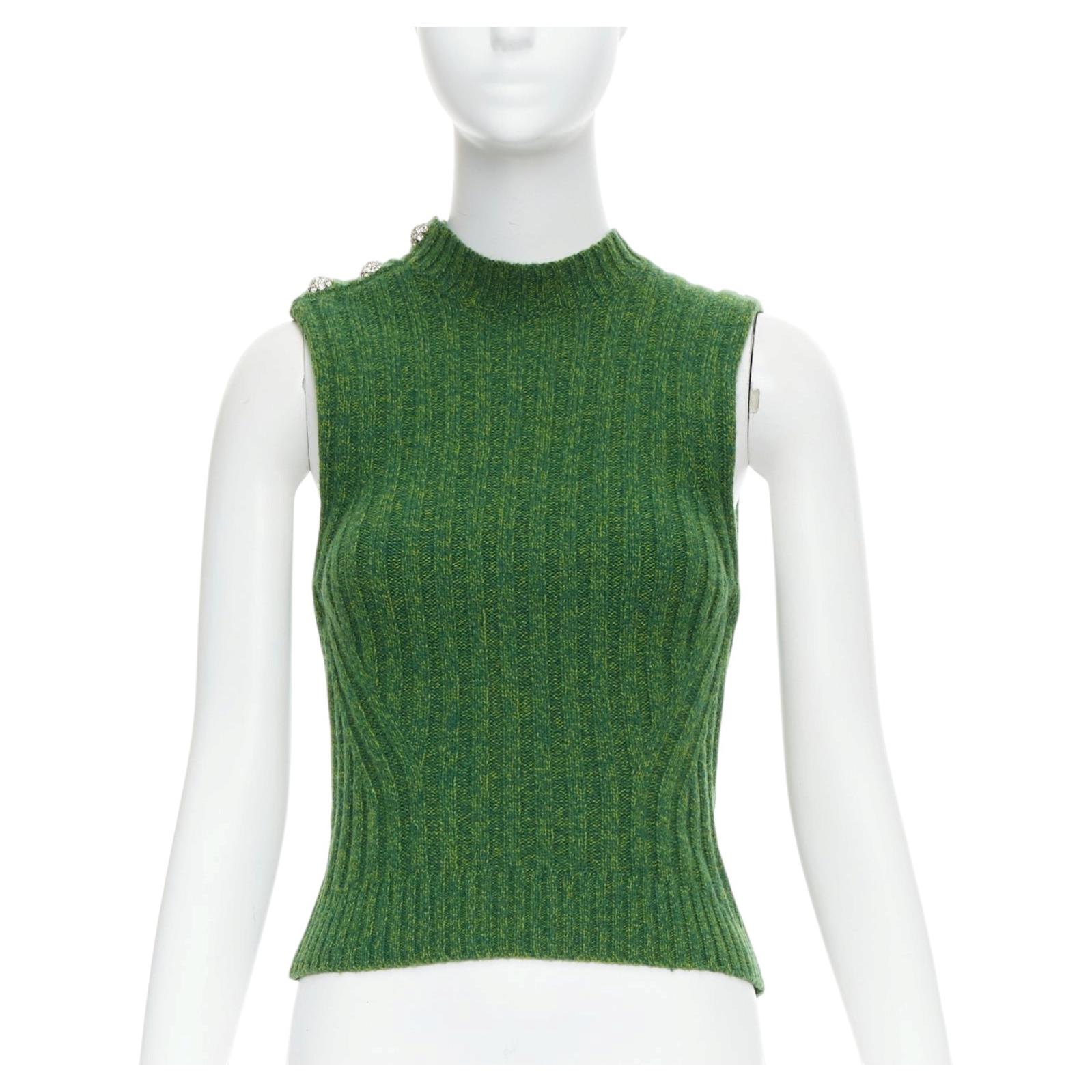 Pre-owned Ganni Green Recycled Wool Blend Crystal Button Crew Cropped Vest Xxs