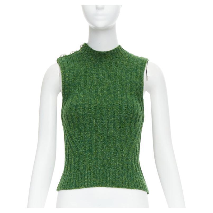 GANNI green recycled wool blend crystal button crew cropped vest XXS For Sale