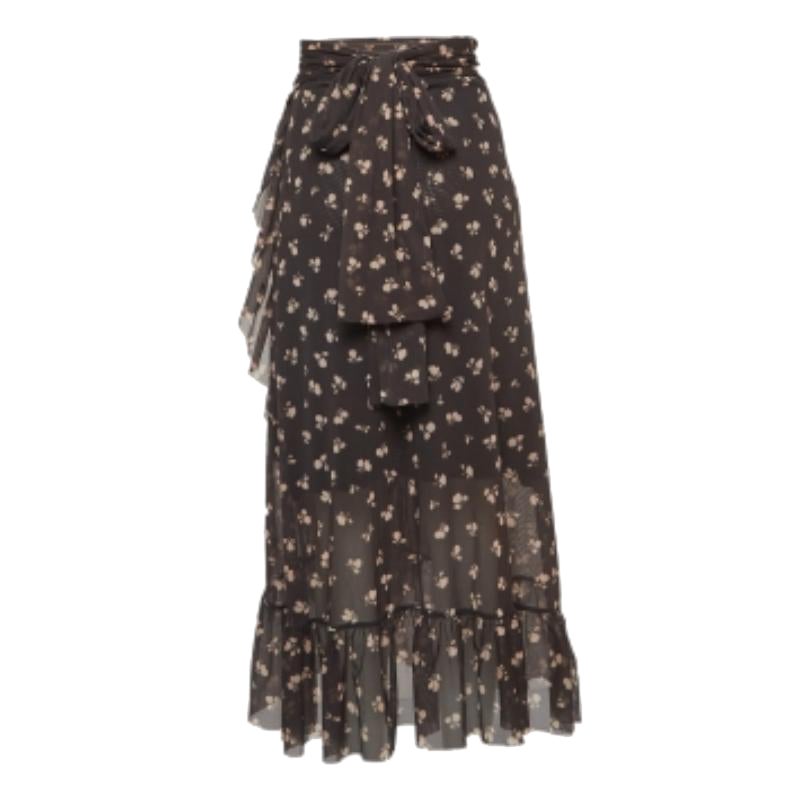 Ganni Grey Floral Print Tilden Mesh Ruffled Wrap Skirt S en vente