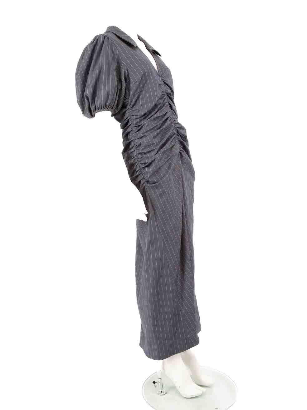 CONDITION is Never worn, with tags. No visible wear to the dress is evident on this new Ganni designer resale item.
 
 
 
 Details
 
 
 Grey
 
 Polyester
 
 Midi dress
 
 Pinstriped pattern
 
 V neckline
 
 Puff sleeves
 
 Ruched accent
 
 Stretchy
