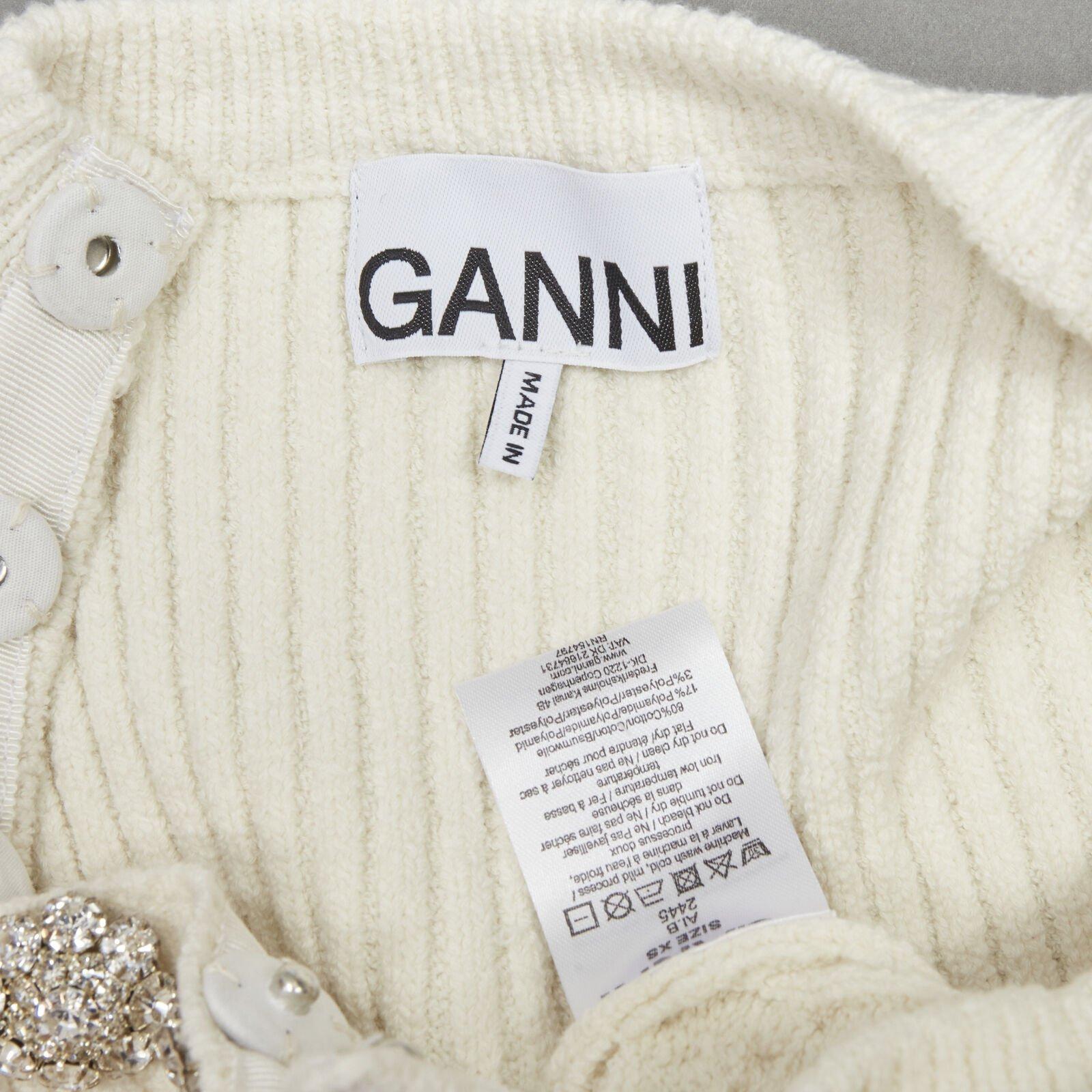 GANNI ivory crystal button textured knit cotton blend sweater top XS For Sale 5