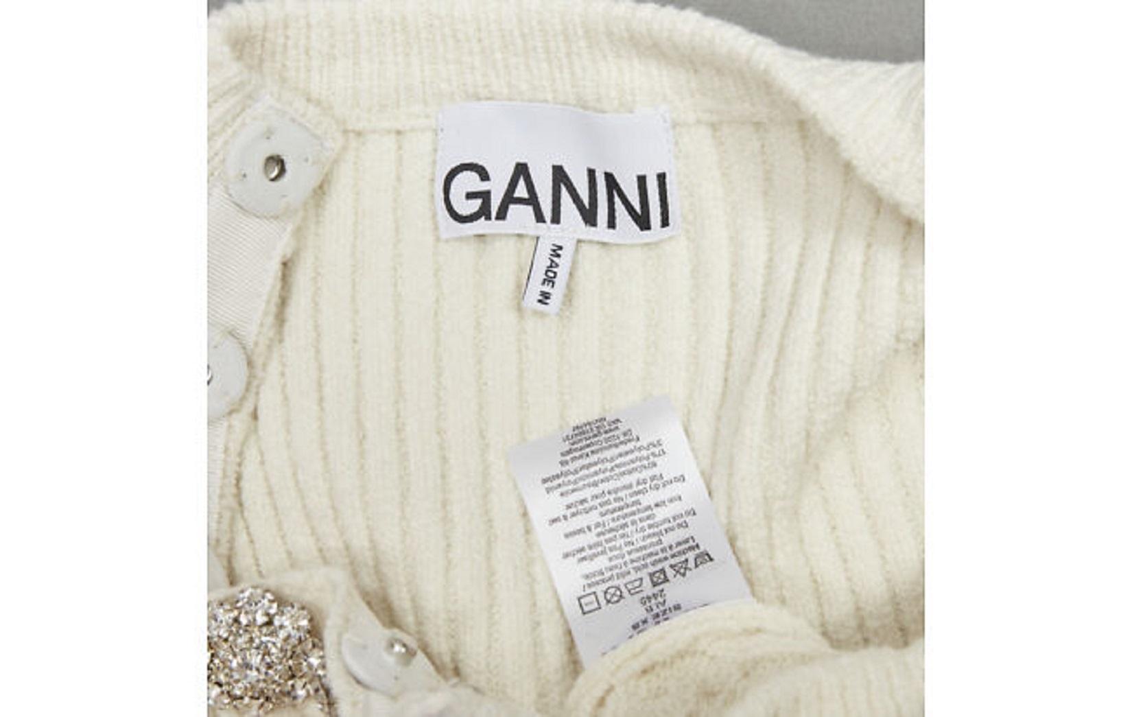 GANNI ivory crystal button textured knit cotton blend sweater top XS For Sale 5