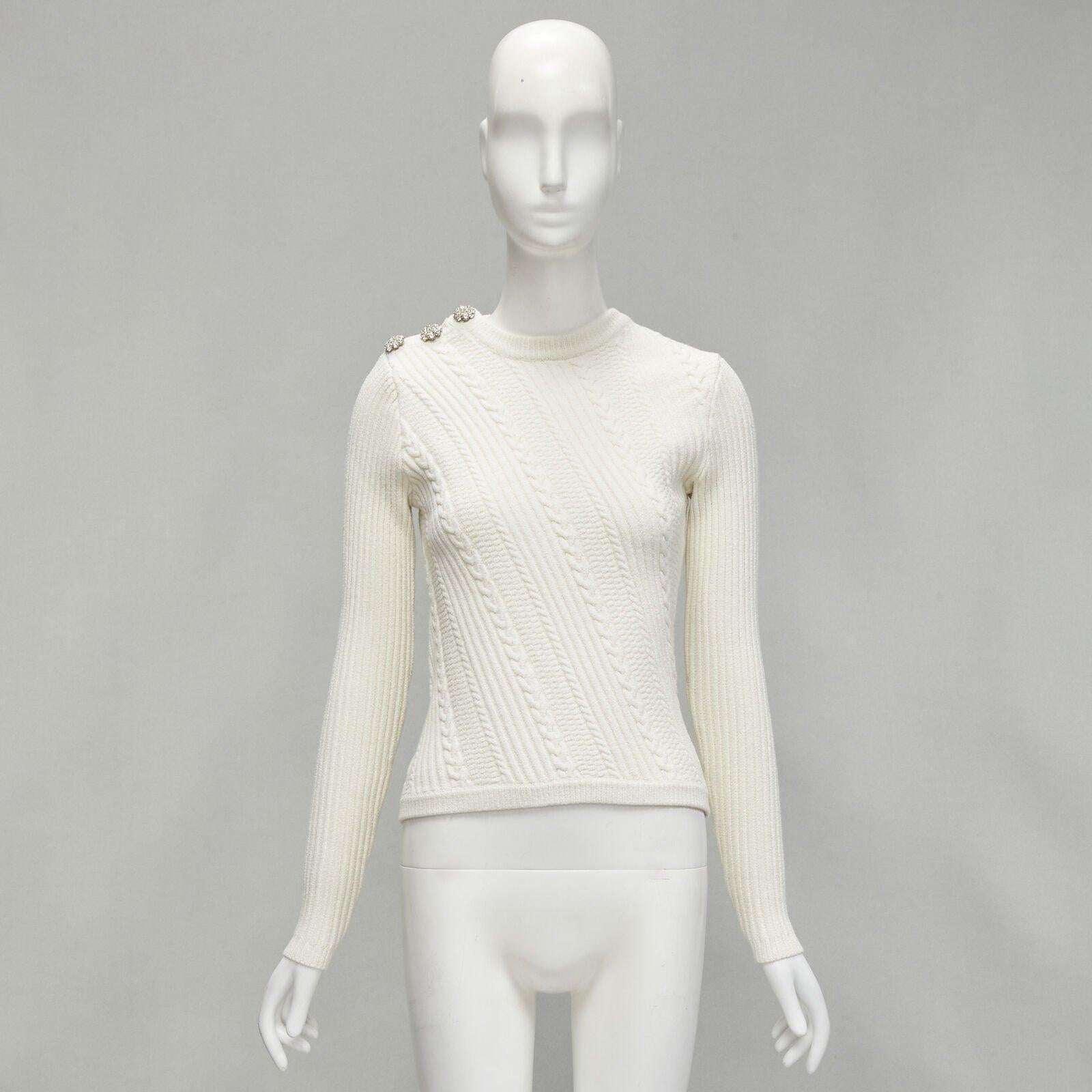 GANNI ivory crystal button textured knit cotton blend sweater top XS For Sale 6
