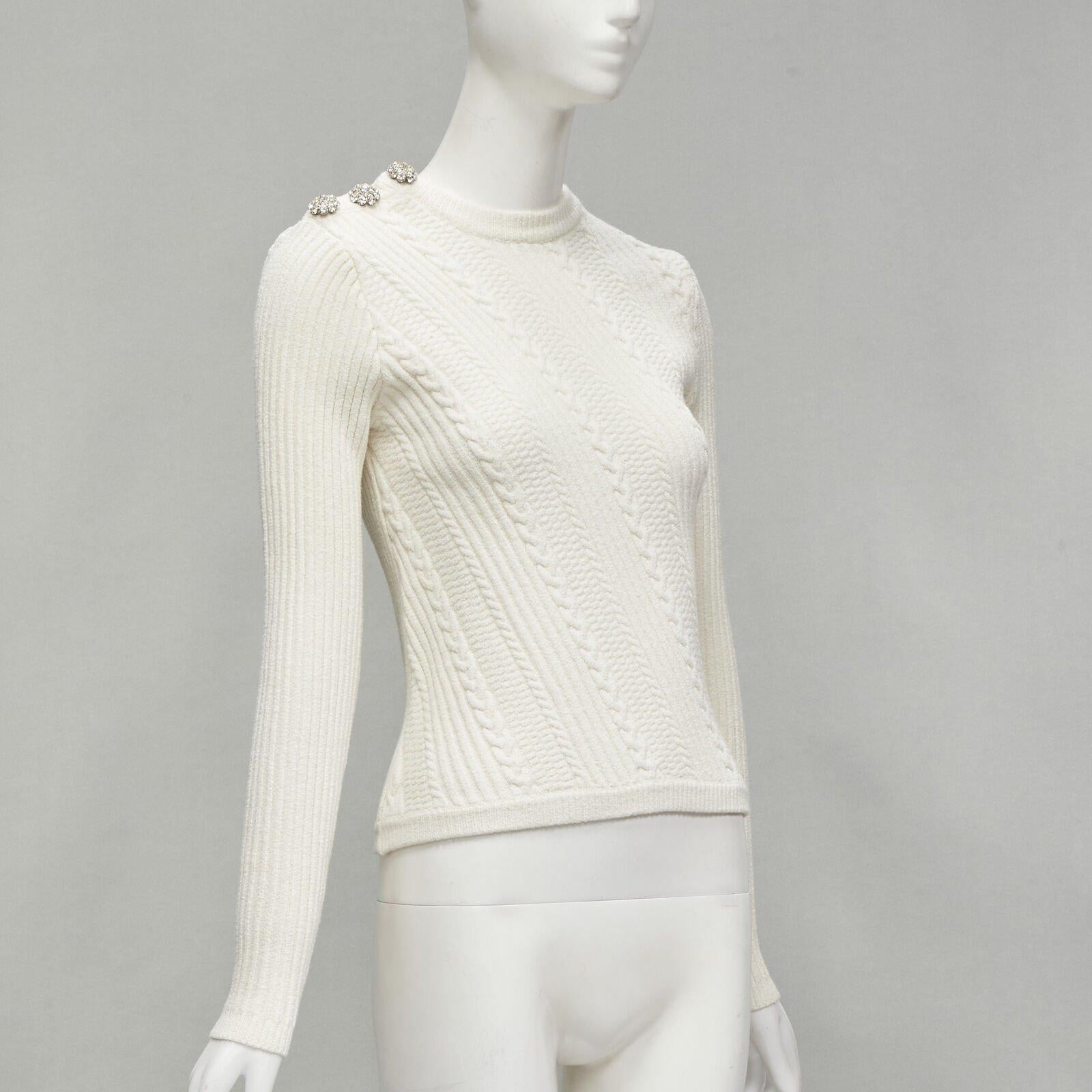 Gray GANNI ivory crystal button textured knit cotton blend sweater top XS For Sale