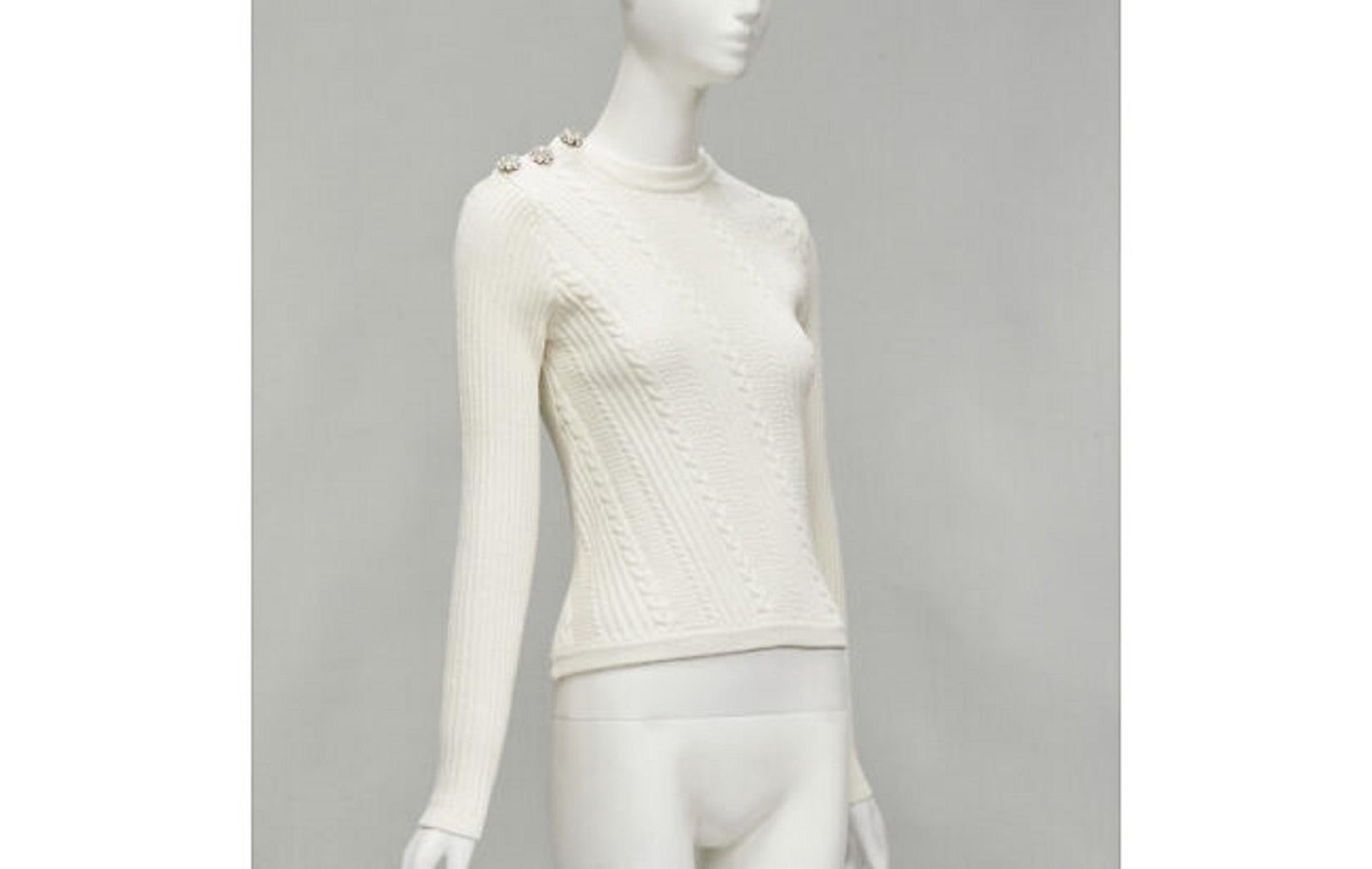 Gray GANNI ivory crystal button textured knit cotton blend sweater top XS For Sale