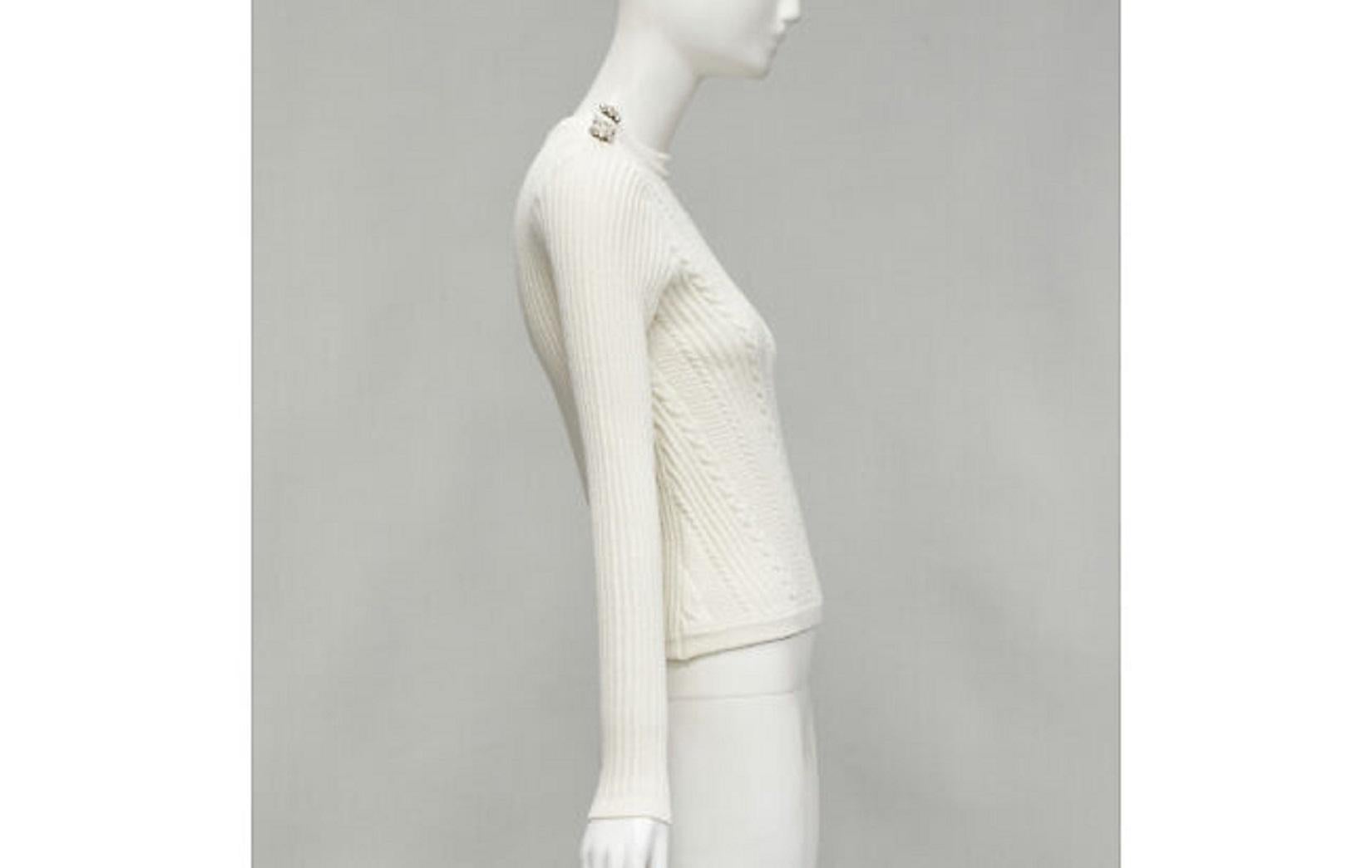 GANNI ivory crystal button textured knit cotton blend sweater top XS In Excellent Condition For Sale In Hong Kong, NT