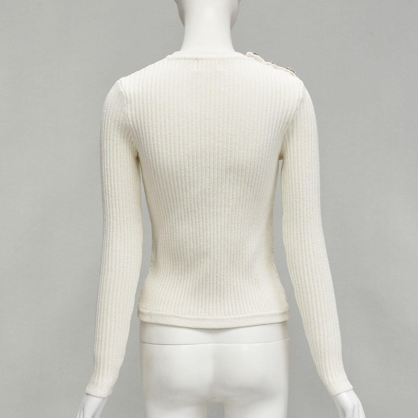 Women's GANNI ivory crystal button textured knit cotton blend sweater top XS For Sale