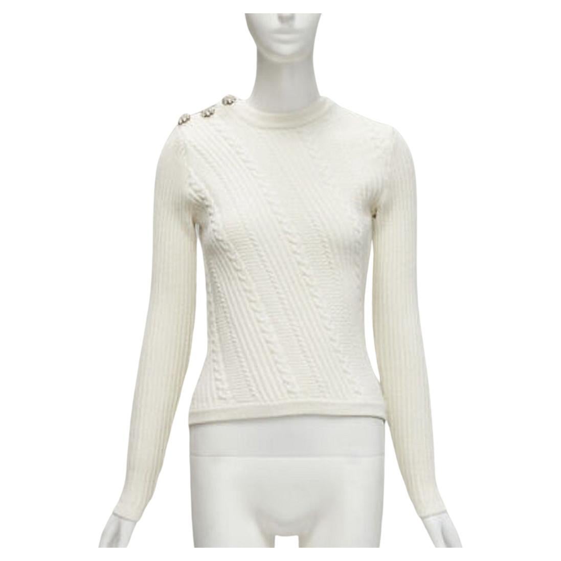 GANNI ivory crystal button textured knit cotton blend sweater top XS For Sale