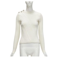 GANNI ivory crystal button textured knit cotton blend sweater top XS