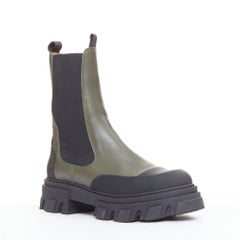 GANNI Kalamata army green leather rubber elastic gusset tall chelsea boots EU39