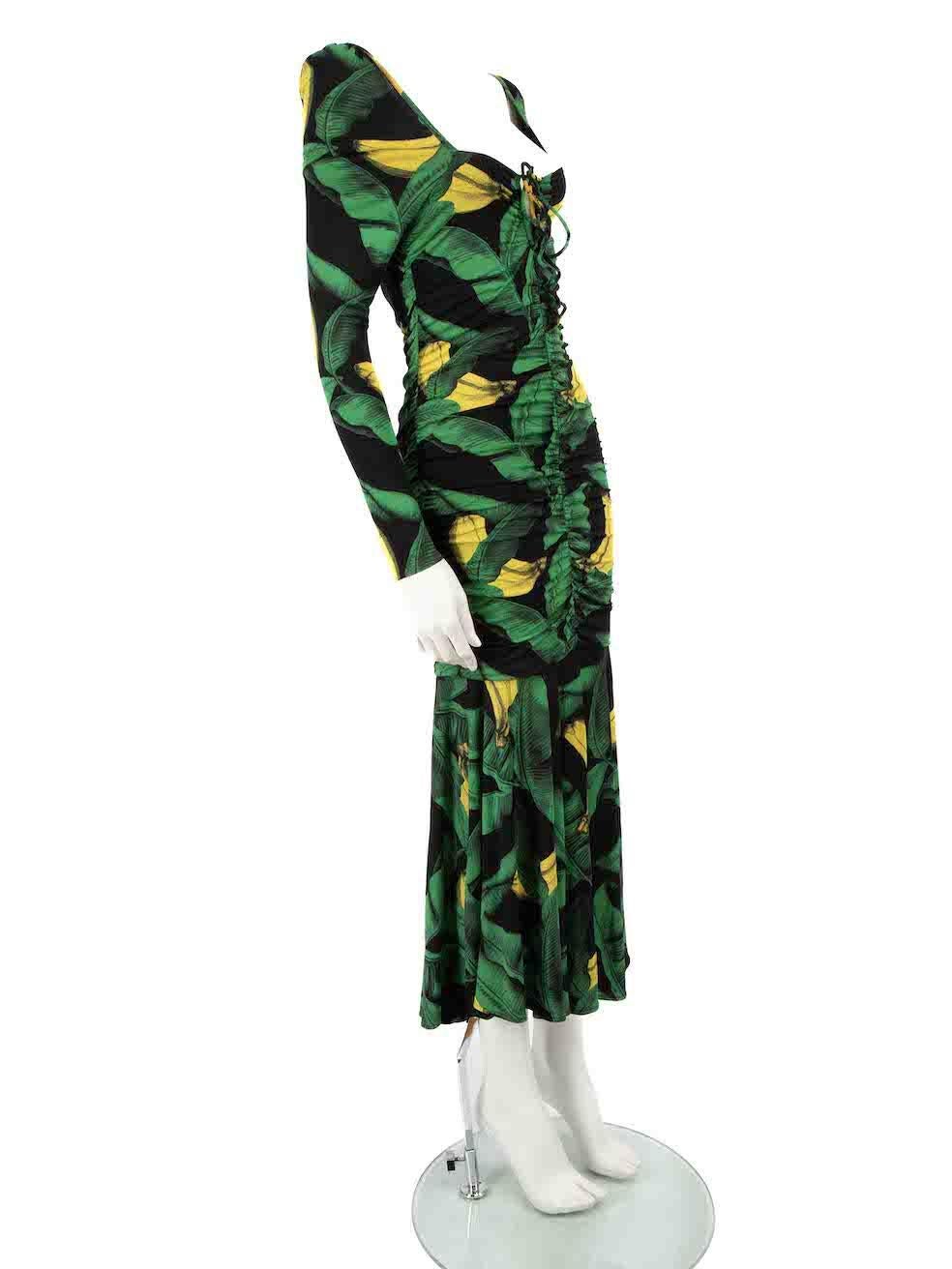 CONDITION is Never worn, with tags. No visible wear to dress is evident on this new Ganni designer resale item.
 
 Details
 Multicolour- green and yellow
 Viscose
 Dress
 Leaf print
 Long sleeves
 Ruched
 Figure hugging fit
 Midi
 Back zip