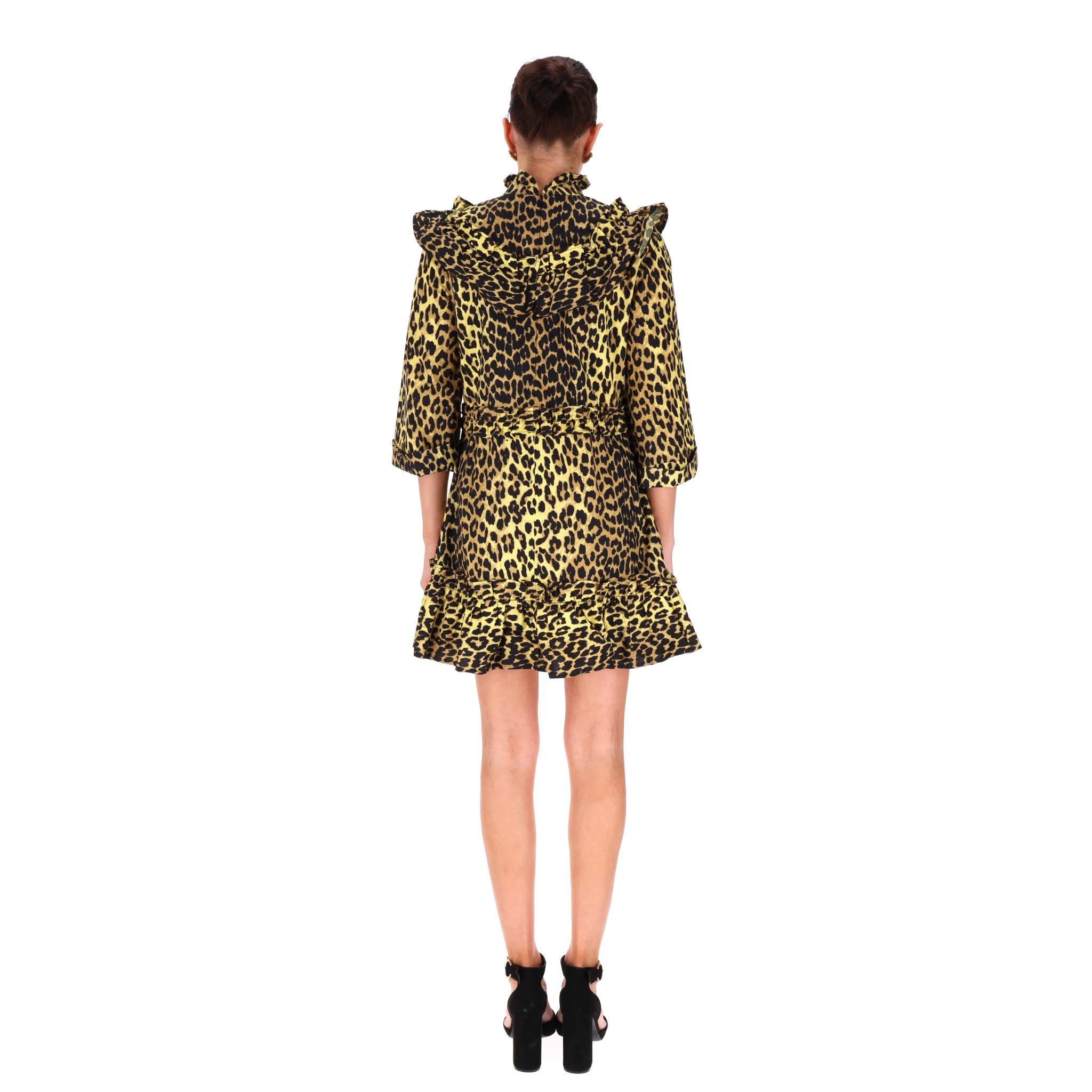 Ganni Leopard Print Ruffle Cotton Dress In Excellent Condition For Sale In London, GB
