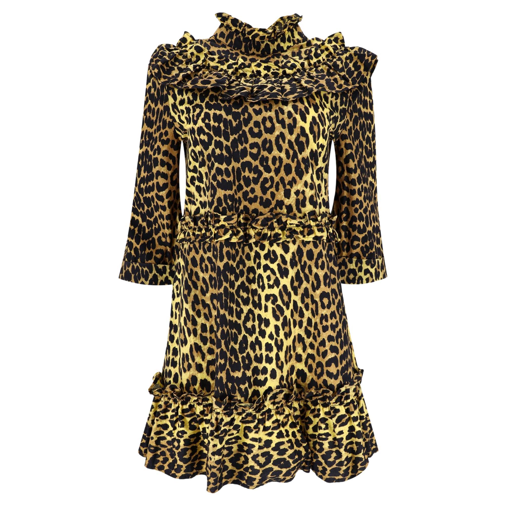 Ganni Leopard Print Ruffle Cotton Dress For Sale