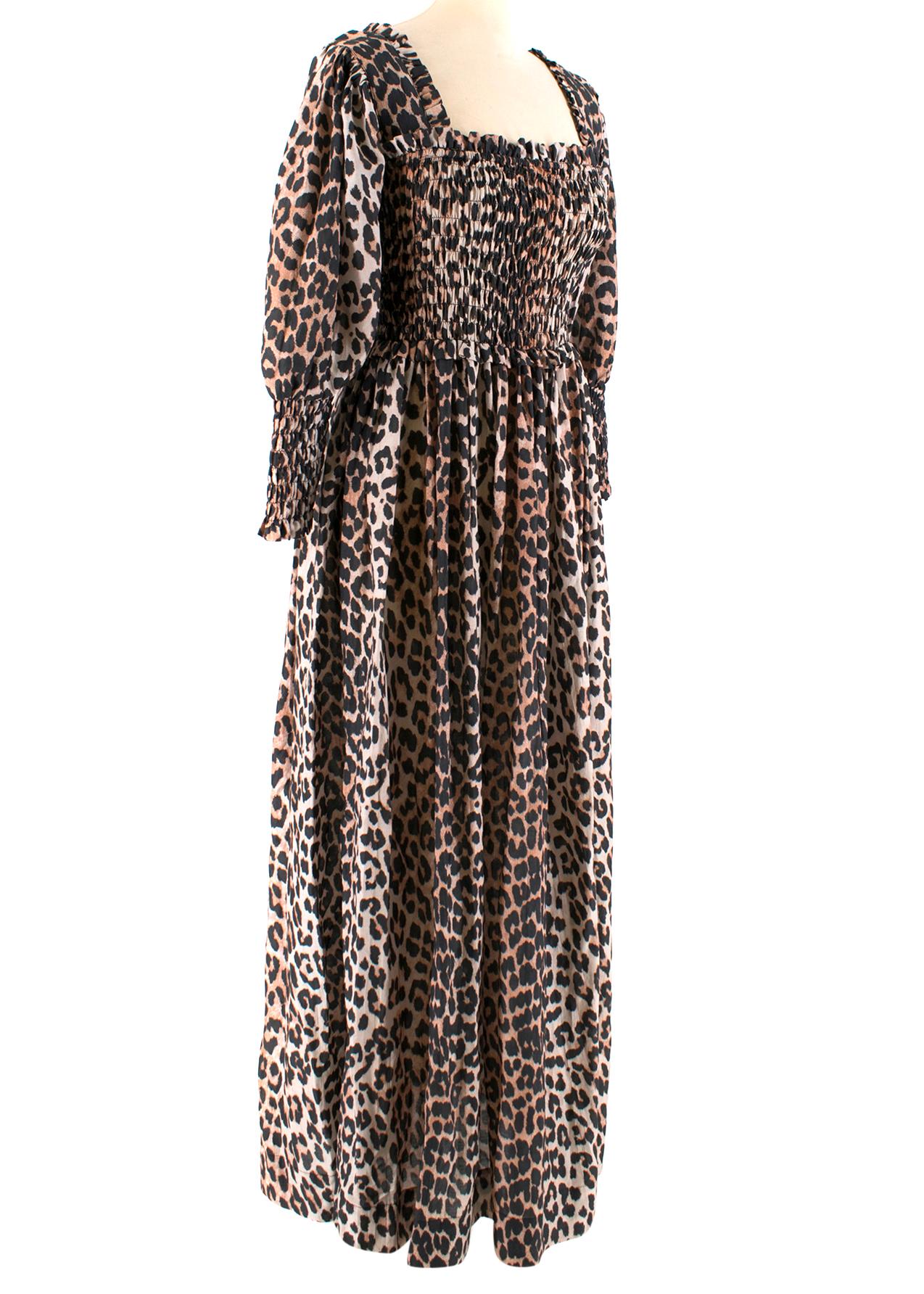 Ganni Leopard Print Silk Dress

Square neck 
Leopard printed dress
Stretch material 
Balloon sleeves 
Shirred ruching around chest and sleeves
Long dress
Light weight material 

Please note, these items are pre-owned and may show some signs of