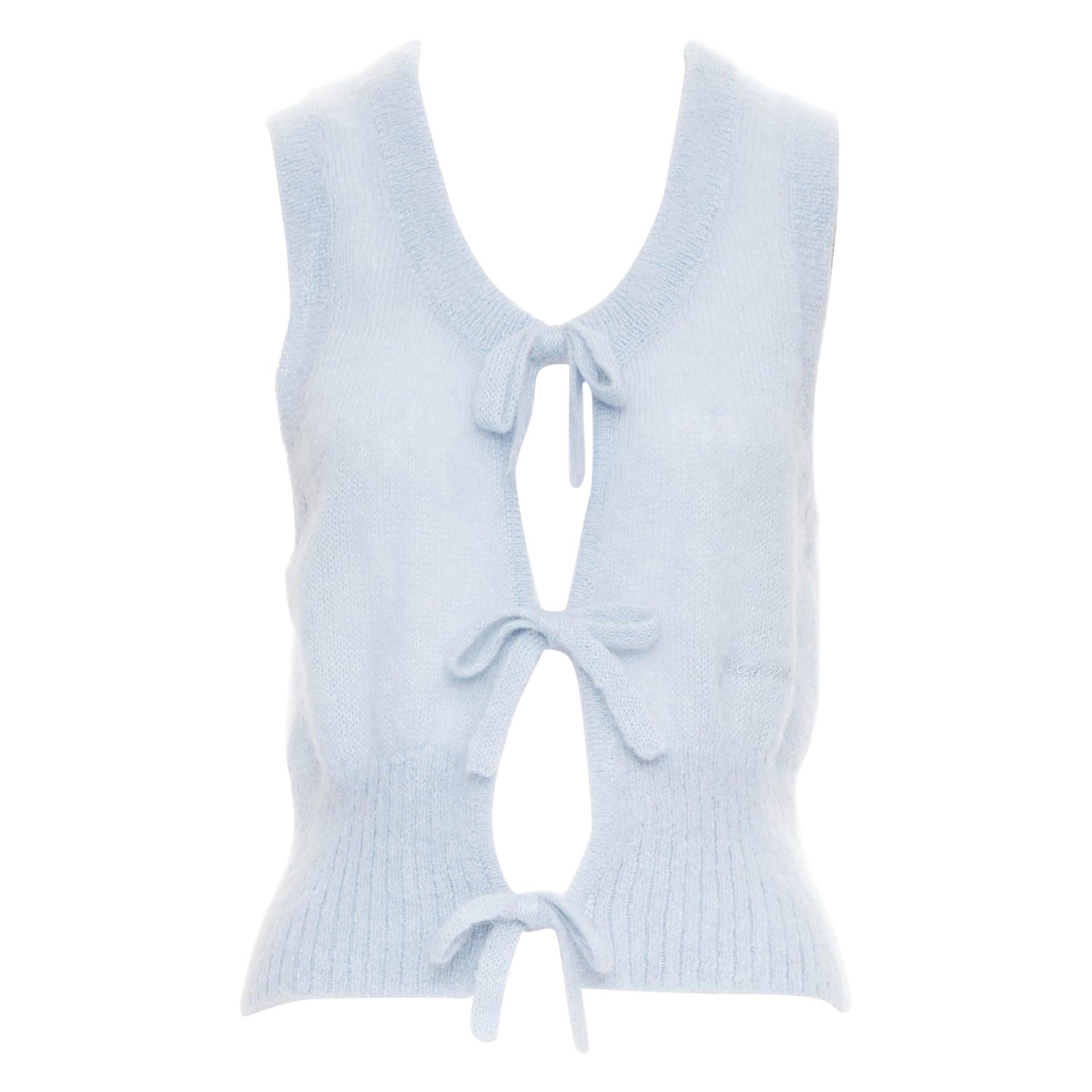 GANNI Hellblauer Mohair Wollpullover mit dreifacher Fliege, Weste XS im Angebot
