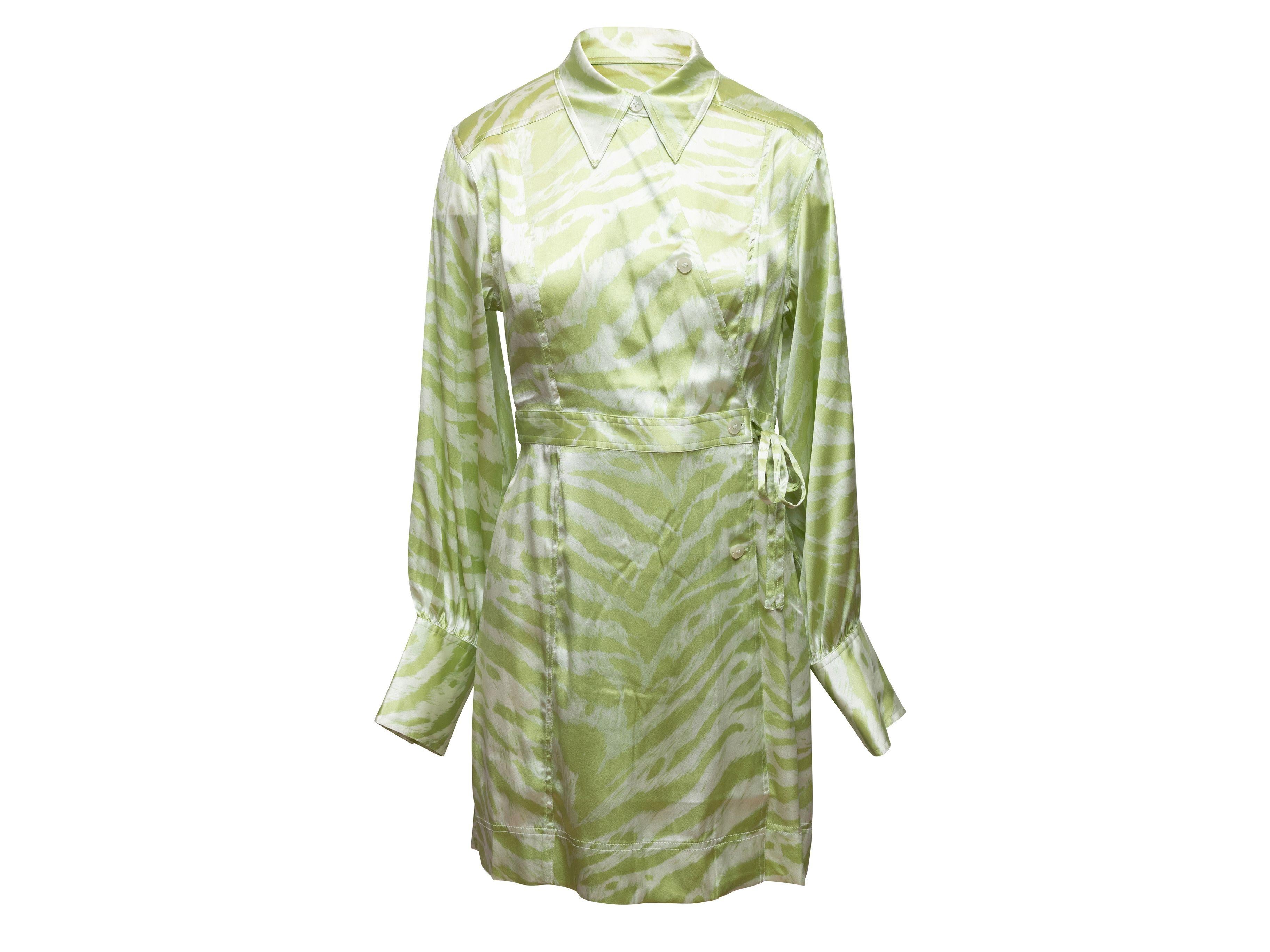 Ganni Light Green & White Silk Tiger Print Dress 1