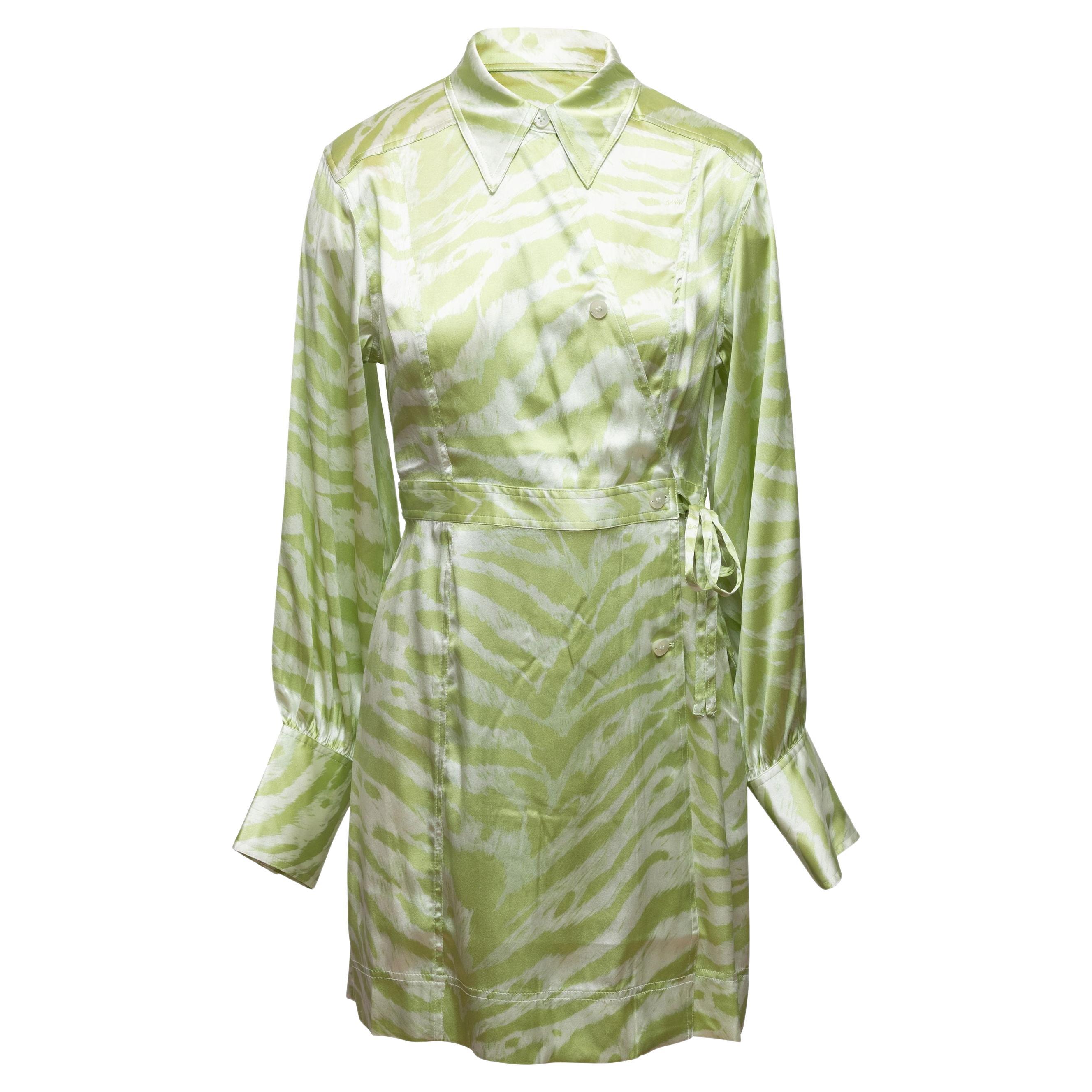 Ganni Light Green & White Silk Tiger Print Dress
