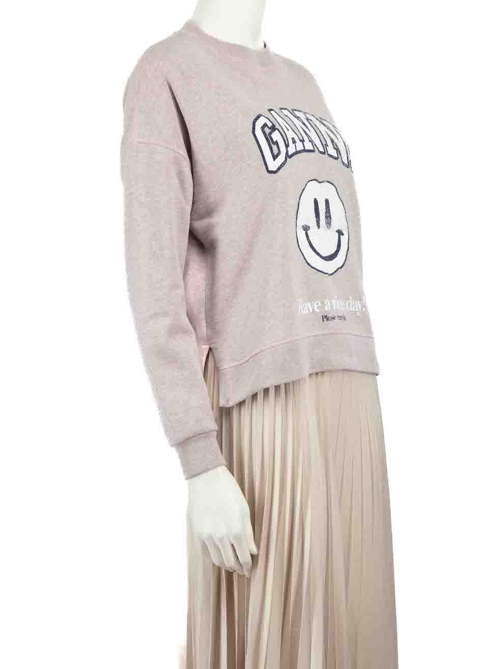 CONDITION is Very good. Hardly any visible wear to sweatshirt is evident on this used Ganni designer resale item.
 
 
 
 Details
 
 
 Light pink
 
 Cotton
 
 Sweatshirt
 
 Logo and smiley face graphic print
 
 Long sleeves
 
 Round neck
 
 
 
 
 
