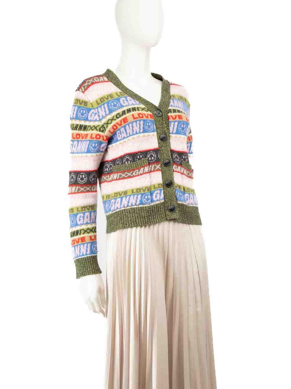CONDITION is Very good. Minimal wear to cardigan is evident. Minimal pilling to overall material especially around the cuffs on this used Ganni designer resale item.
 
 
 
 Details
 
 
 Multicolour
 
 Wool
 
 Knit cardigan
 
 Logo striped pattern
 
