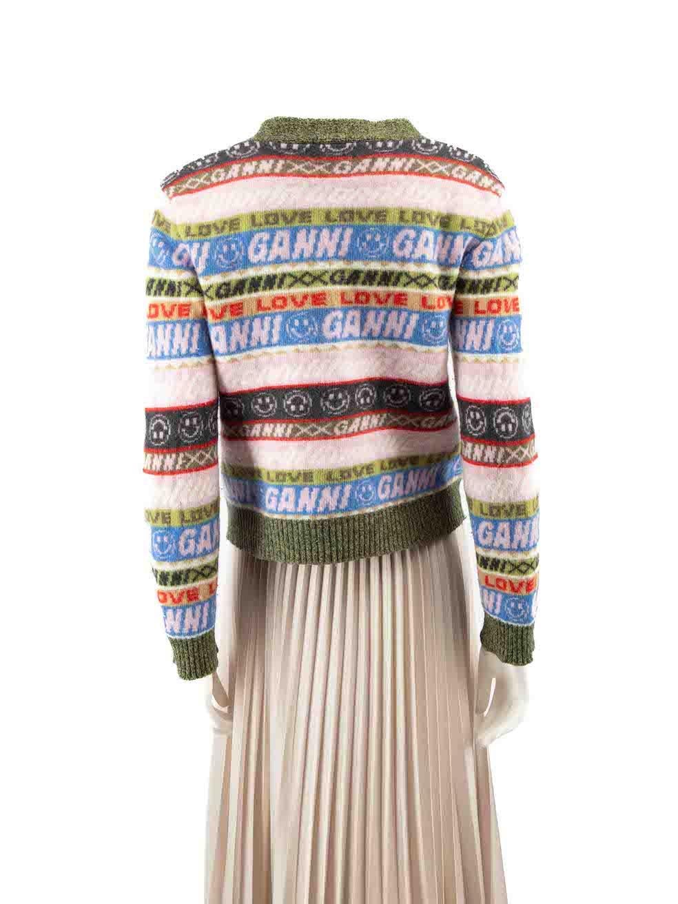 Ganni Logo Print Striped Cardigan Size M In Good Condition For Sale In London, GB