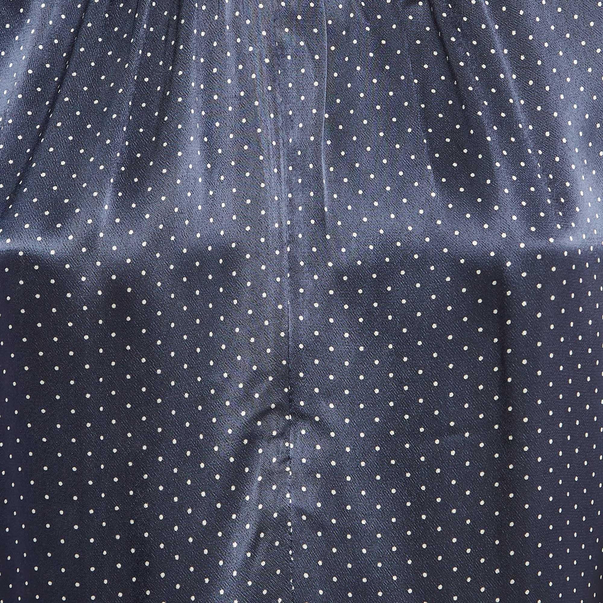 Black Ganni Navy Blue Polka Dot Print Satin Tie-Up Open Back Blouse S For Sale
