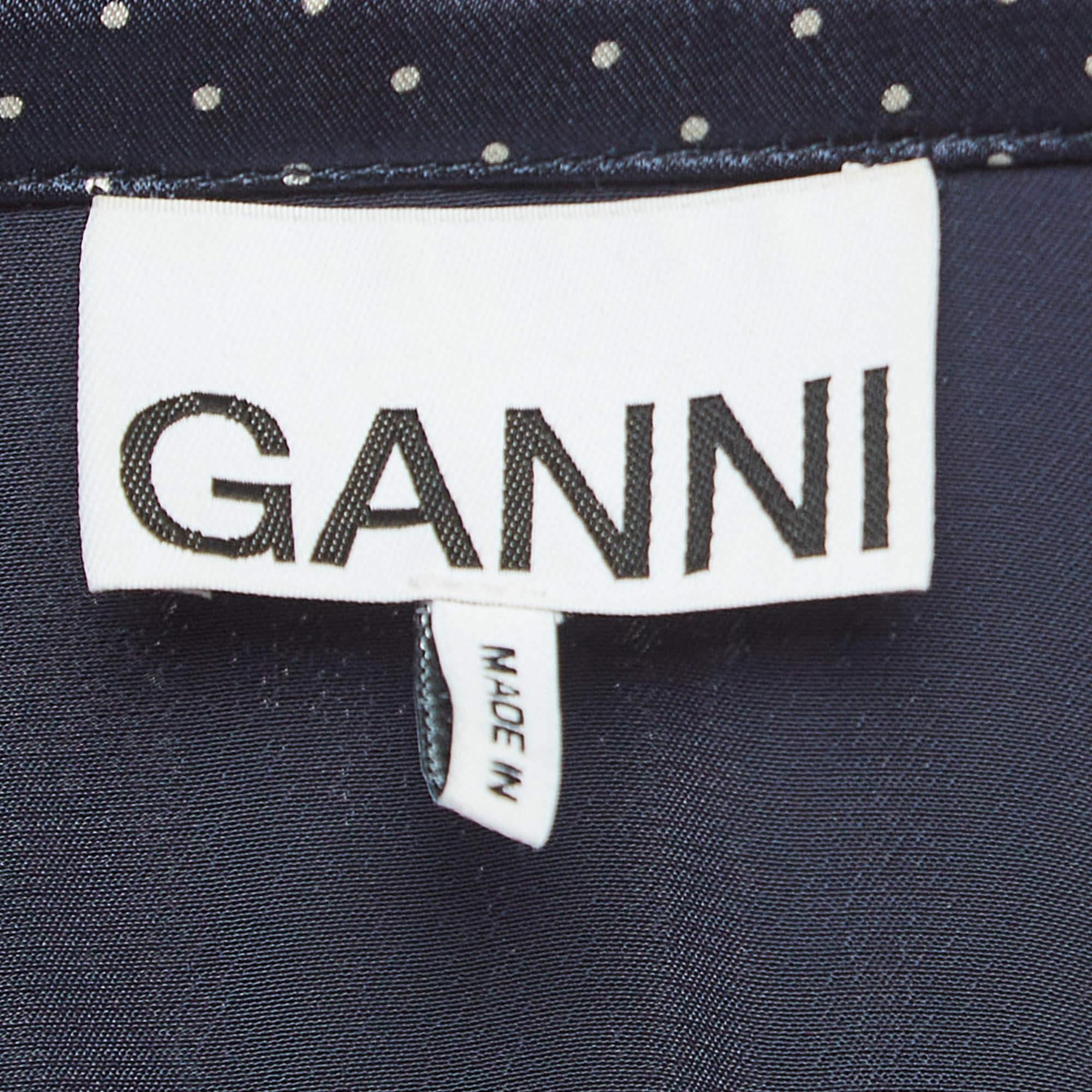 Ganni Navy Blue Polka Dot Print Satin Tie-Up Open Back Blouse S In Excellent Condition For Sale In Dubai, Al Qouz 2